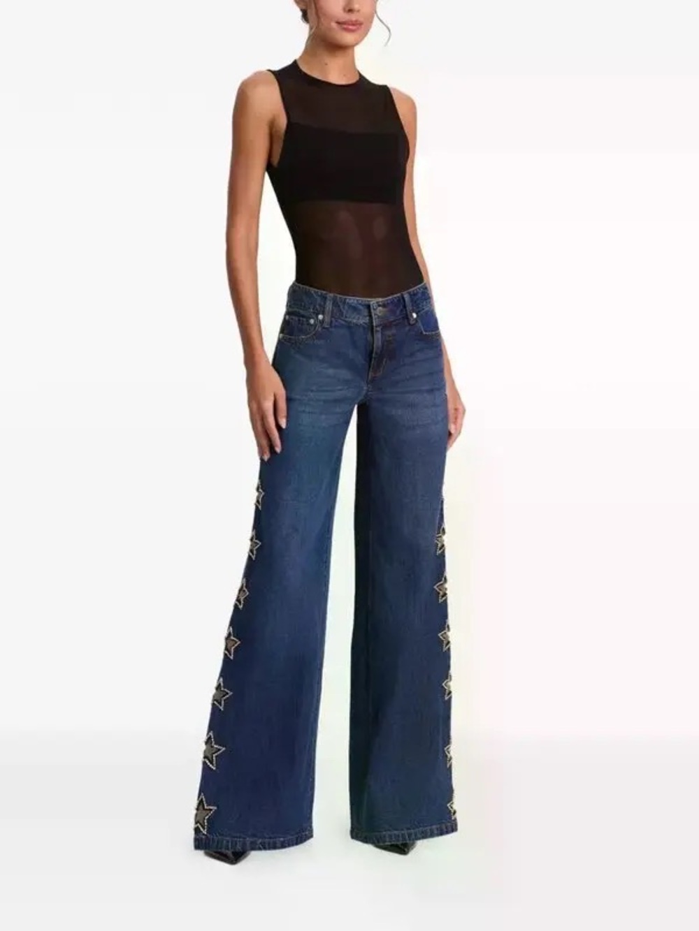 Alice + Olivia Wide Leg Star-Embellished Blue Denim Jeans size 27 Like New - Picture 3 of 10